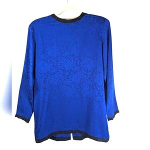 Vintage Spitalnick & Co 100% Silk Blouse Blue Black Trim Long Sleeve Size 6